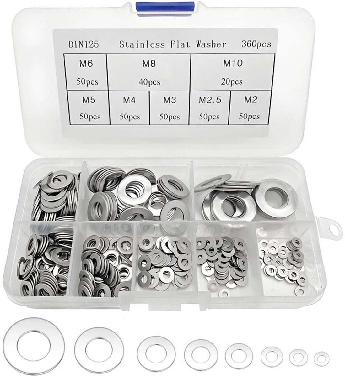 Washer set 360 stuks M2-M10 - RVS 304 - Inclusief opbergdoos - Voor montage en reparatie - ShopVlot