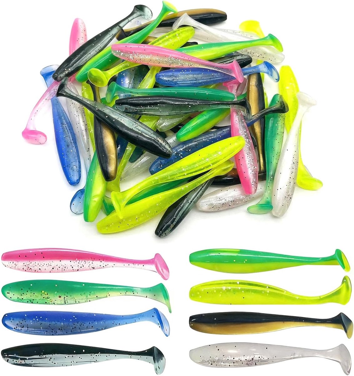 Rubber Vissersaas 7,5cm - Reflecterende Sequins - Dubbele Verborgen Haaksloten - Ideaal voor Snoek, Zander en Forel - ShopVlot