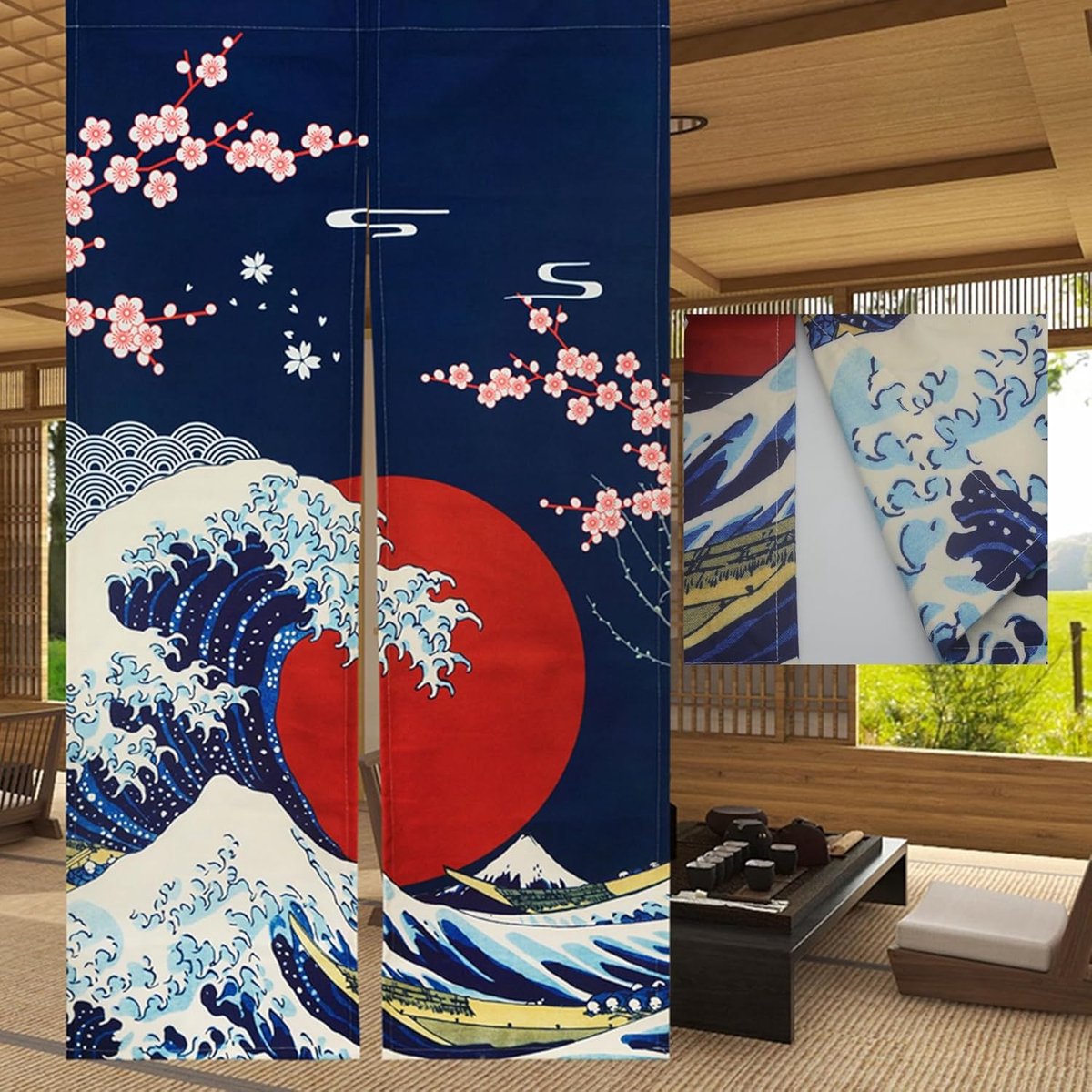 Deur gordijn 85x150 cm - dubbelzijdig bedrukt - Hokusai golf en kersenbloesems - voor sfeervolle ruimte-indeling - ShopVlot