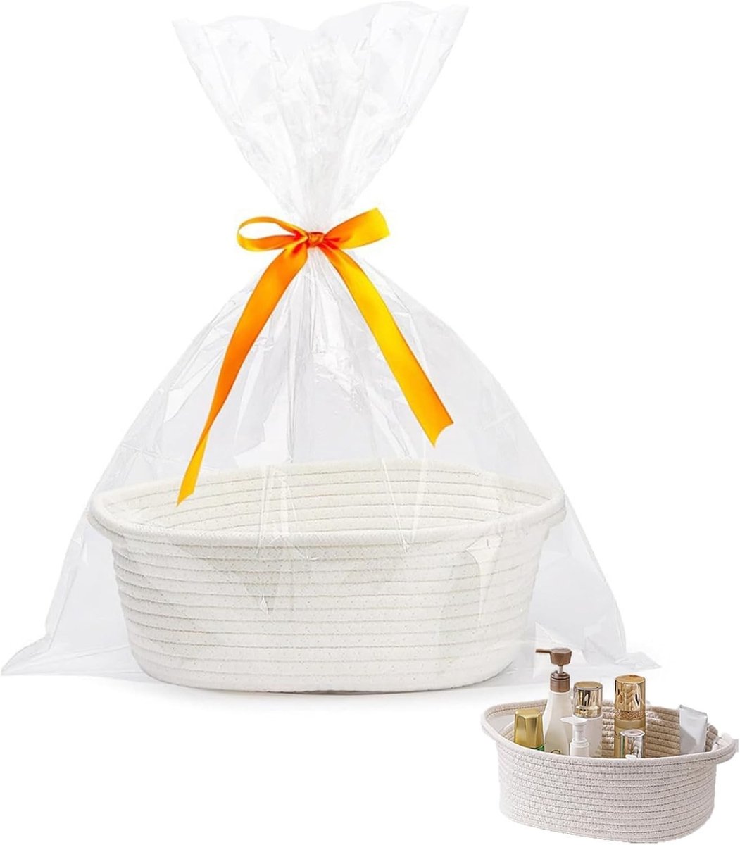 Lege Gevlochten Opbergmand van Katoen met Handvat voor Verjaardag, Bruiloft en Babyshower - 30 x 20 x 12 cm (Wit)