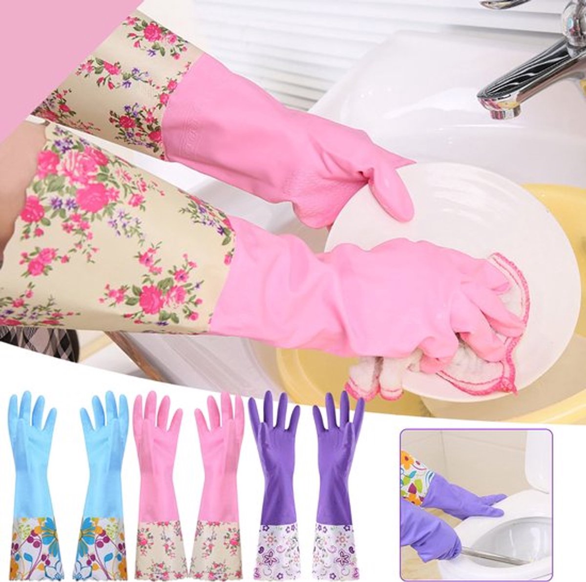 Fleecegevoerde rubberen schoonmaakhandschoenen met kanten manchetten en een verdikte, antislip katoenen voering, geschikt voor waterdichte keukenreiniging, roze.