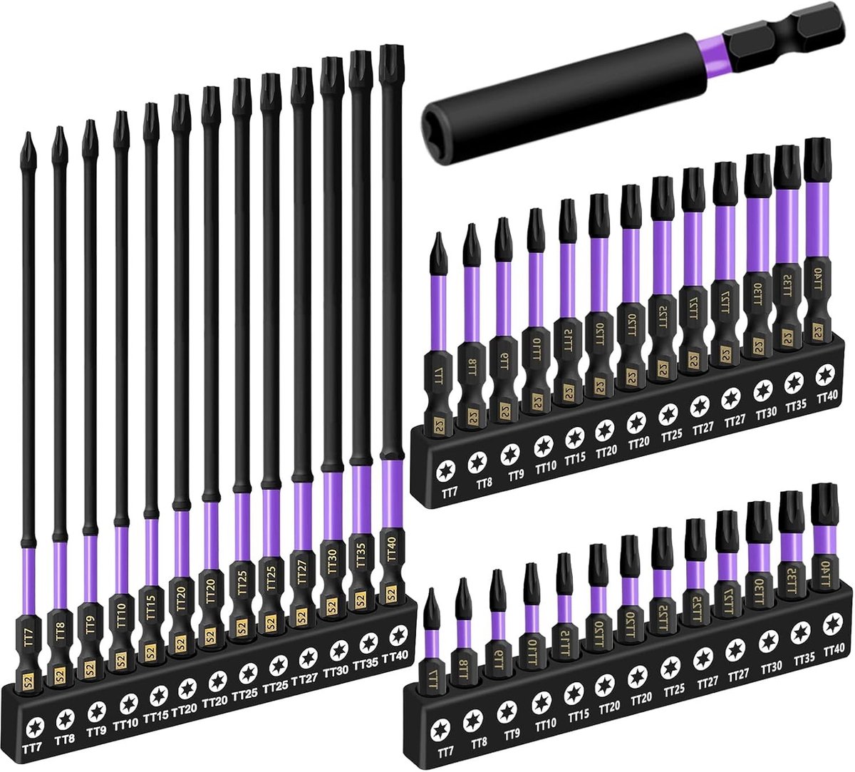 Complete set van 40 Torx schroevendraaiers met magnetische bits, 1/4" hex shank, S2 staal en verlengstuk voor precisiewerk en reparaties