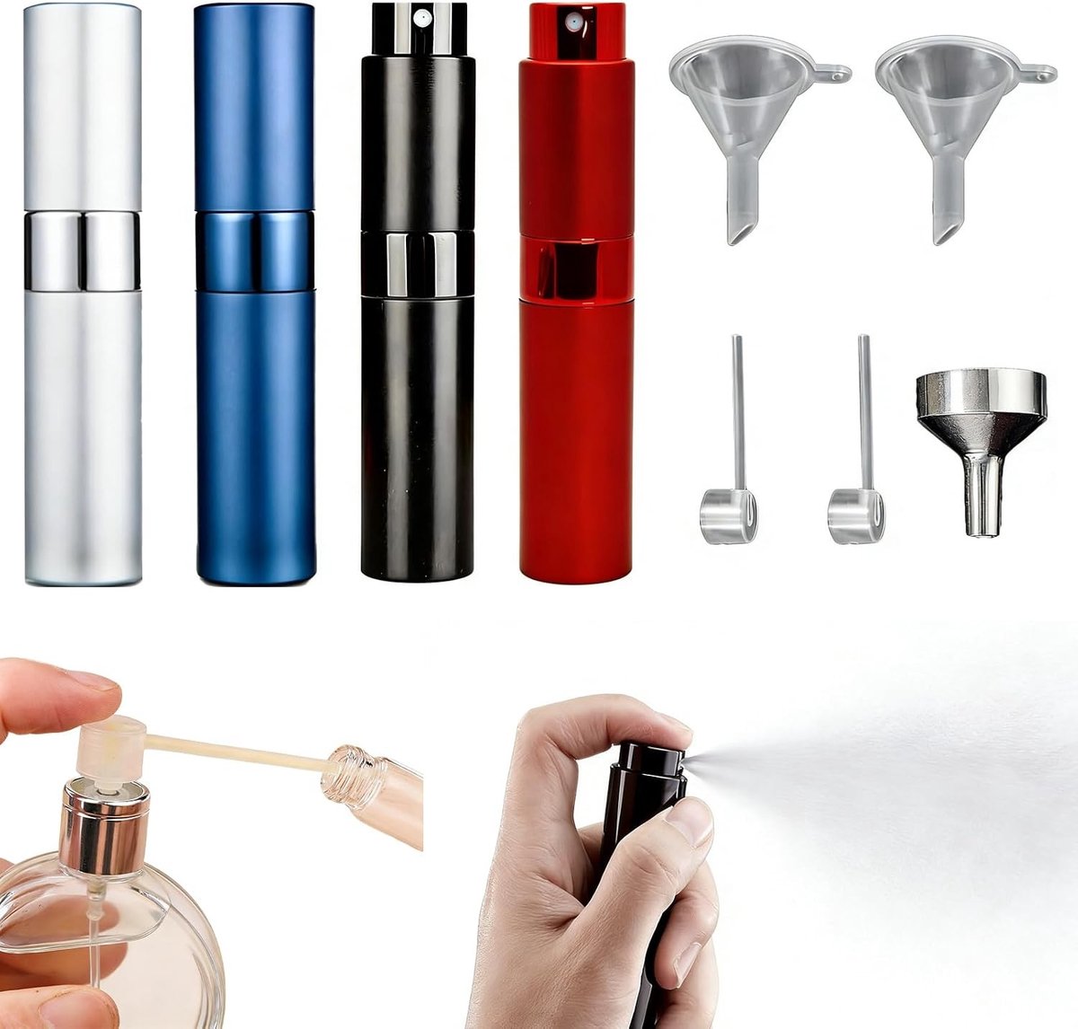 Set van 4 Vernevelaars voor Parfum - Draagbare Flesjes voor Reizen en Uitjes in Zilver, Rood, Blauw en Zwart