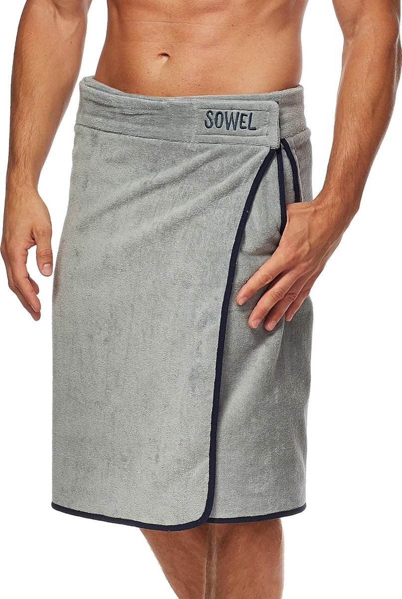 Saunakilt 60 cm x 140 cm - 100% Katoen - Grijs/Navy Blauw - Met Verstevigde Sluiting en Opbergzak - ShopVlot