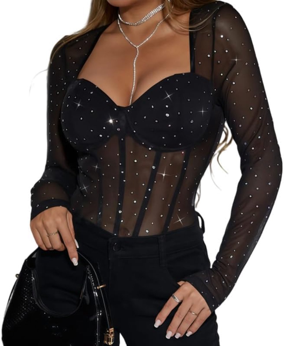 Bodysuit lange mouwen - sexy sheer mesh - hart uitsnijding - chique shapewear met glitters - ShopVlot