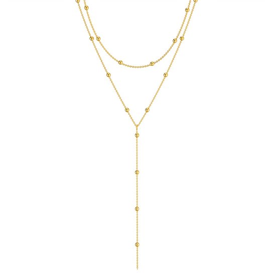 Dubbele gouden ketting met balletjes en een lange Y-vormige hanger.