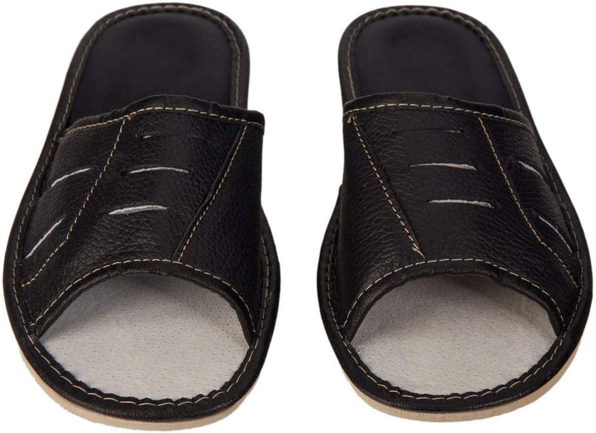 Apreggio Hausschuhe Herren Pantoffeln Leich Natural 100% Leather Naturprodukt Handgefertigt Schwarz Fester Sohle - ShopVlot
