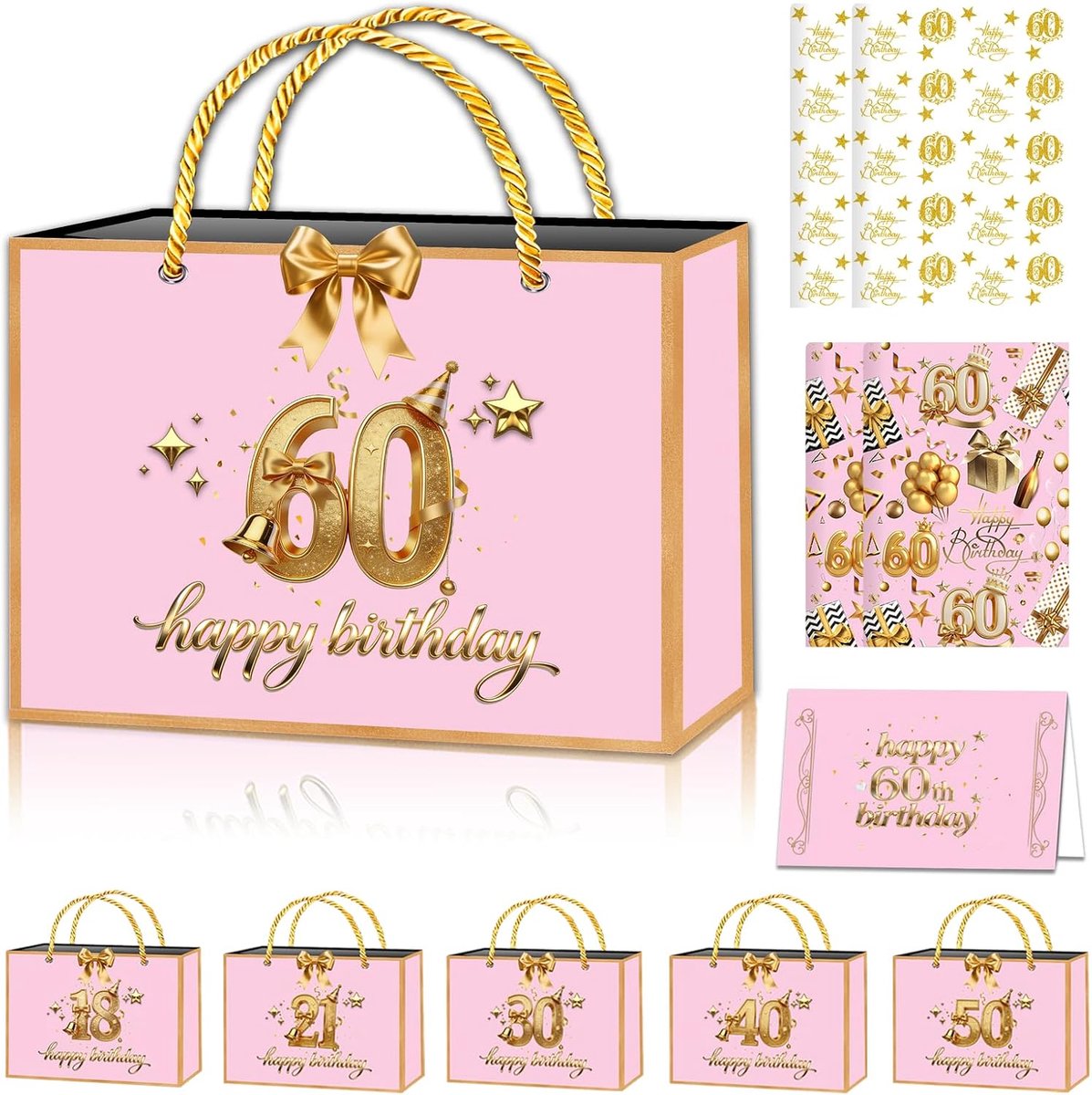 Cadeaupapier set voor vrouwen - Roségoud en glanzend - Inclusief geschenkzakje en wenskaart - ShopVlot