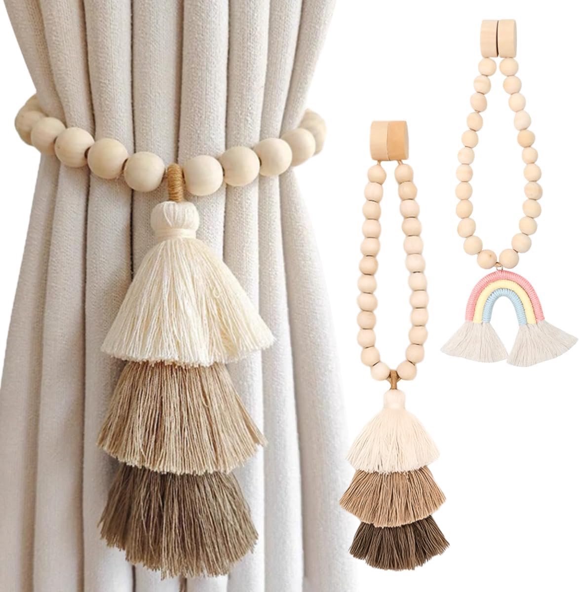 Gordijnhouders set van 2 - houten regenboog - kleurrijke franjes - voor kinderkamer - ShopVlot