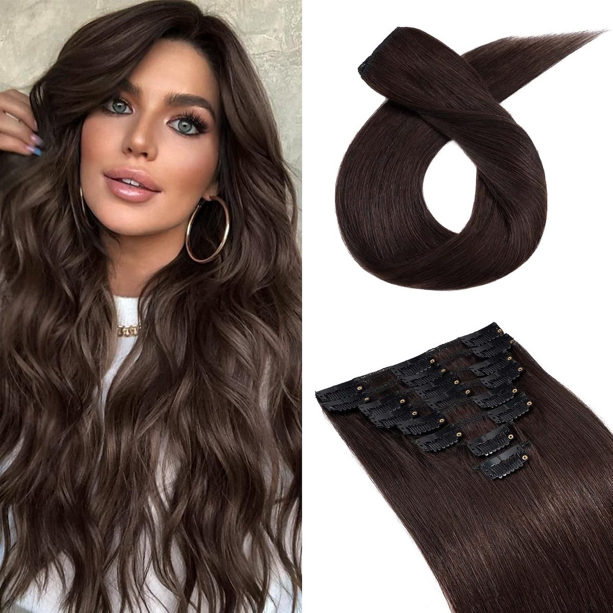 Clip-In Haarextensions 50 cm - Donkerbruin #2 - 100% Remy Haar - Natuurlijk en Vol - ShopVlot