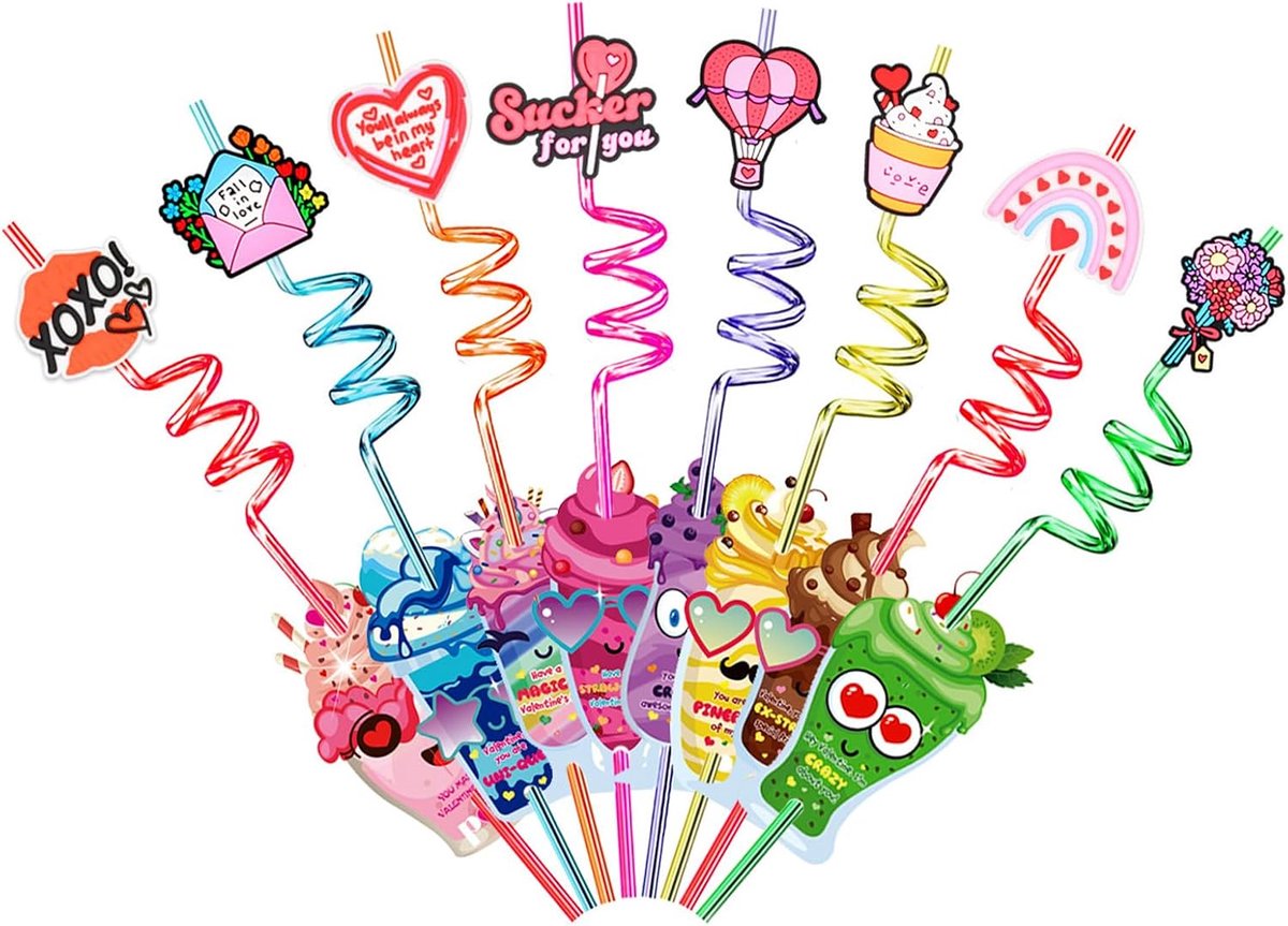 Herbruikbare drinkrietjes 27 cm - kleurrijke Valentijnsdag designs - met feestkaartjes - perfect voor stelletjes - ShopVlot