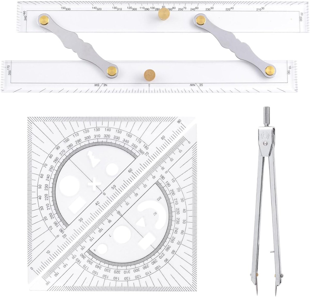 Navigatietools set - 4-delige set - parallelle liniaal en driehoekige liniaal - perfect voor schetsen van zee kaarten - ShopVlot