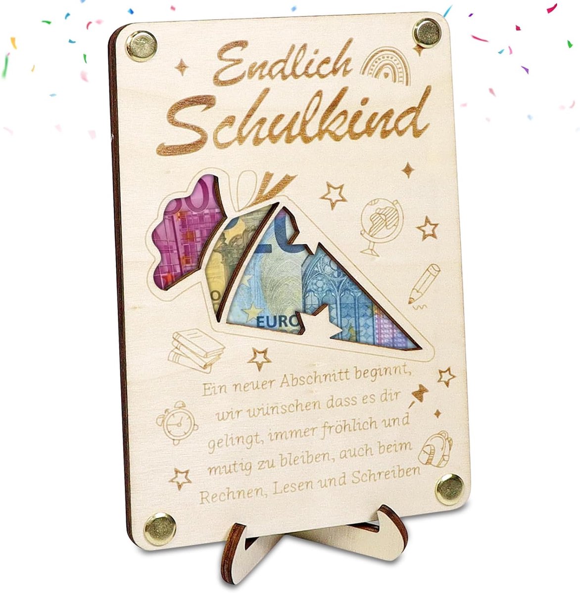 Geldcadeau eerste schooldag - houten decoratie - verrassend geschenk - feestelijke tafeldecoratie - ShopVlot