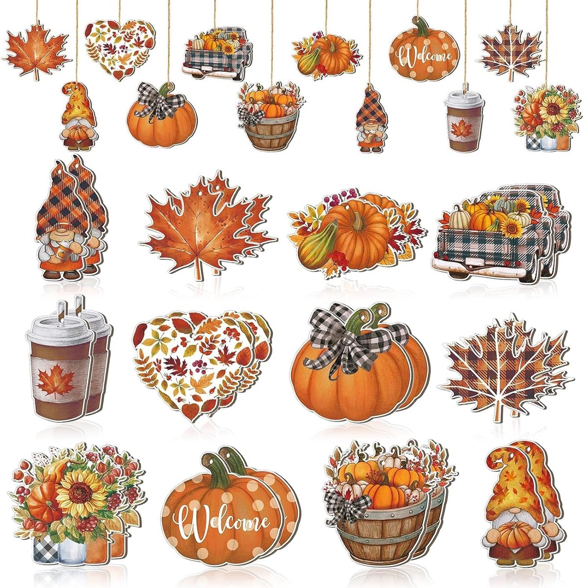 Decorative Hangers Autumn Wood 24 Pieces Autumn Decoration Hangers Autumn Decoration Indoor Outdoor Maple Leaf Gnome - ShopVlot