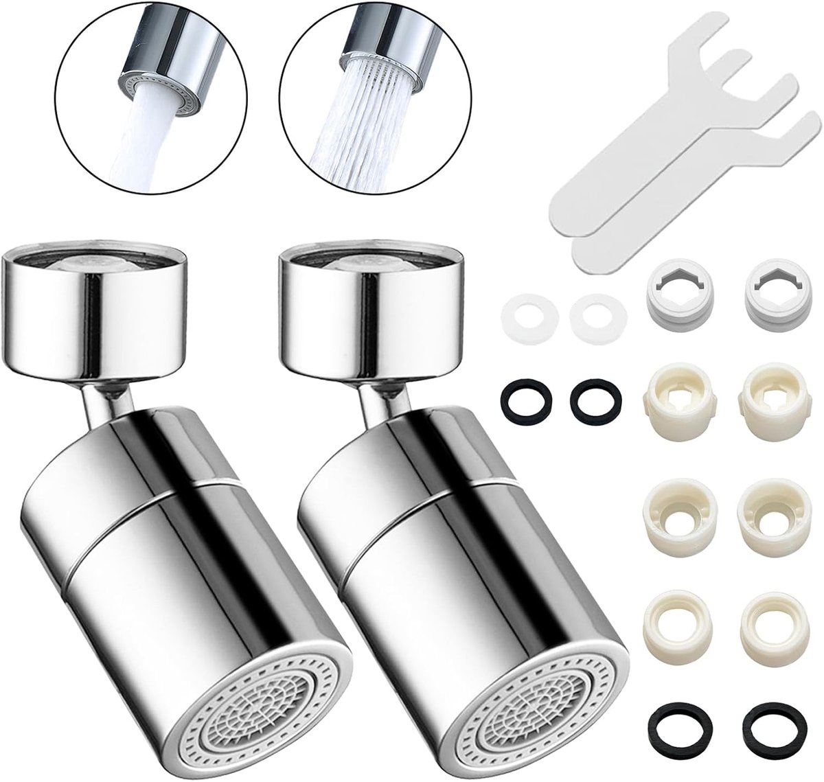 Pack of 2 Tap Attachments, Rotatable, 360° Rotatable, Water Tap Aerator, Tap Jet Regulator with 2 Spray Function - ShopVlot