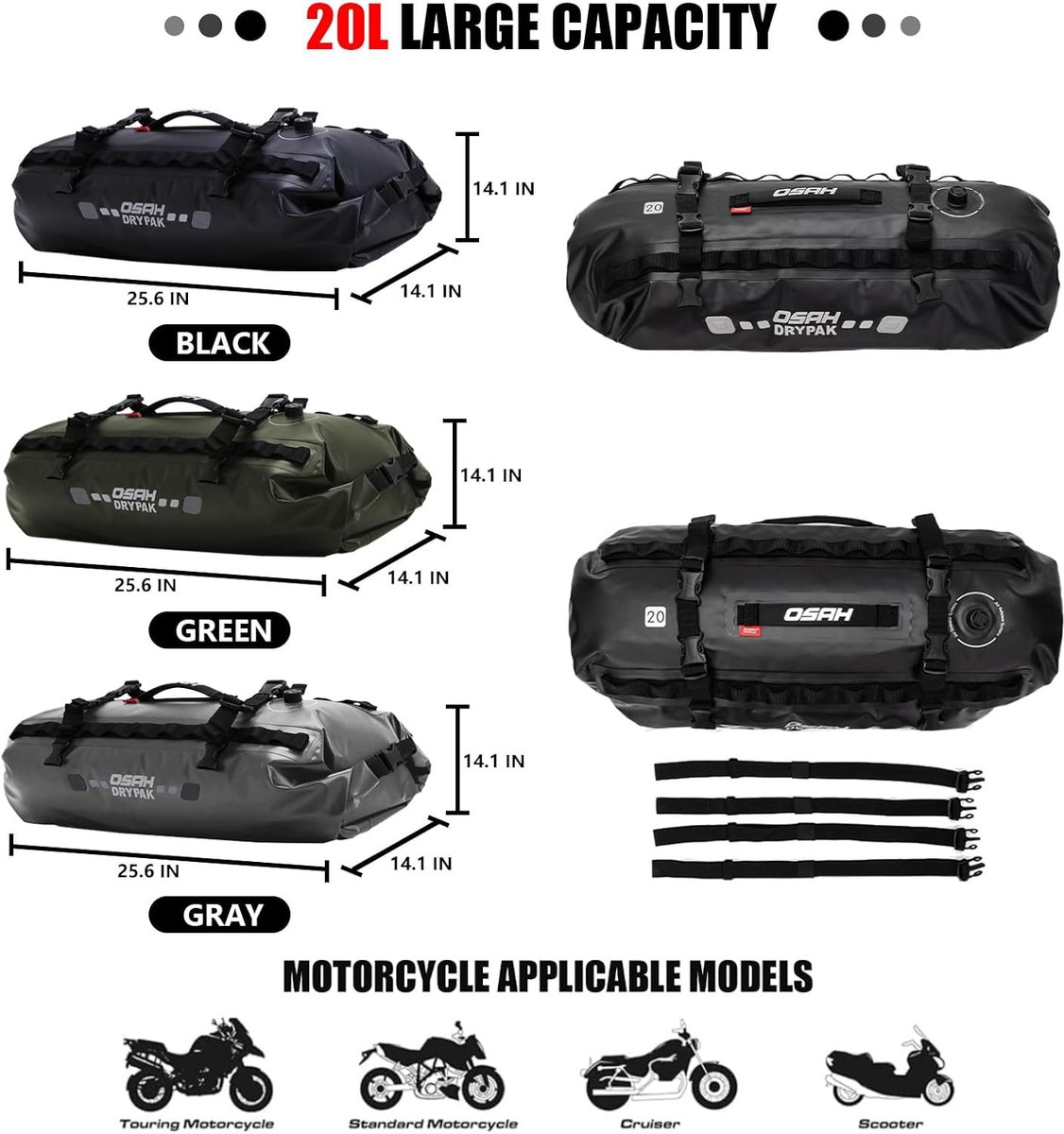 Waterproof Duffel Luggage Bag - Motorcycle Dry Bag Tail Saddle Bags with Roll Closure, Large Storage Space for - ShopVlot