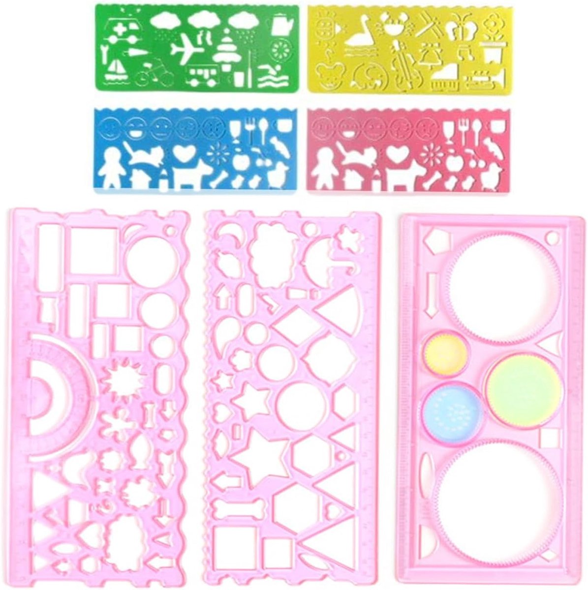 Set of 7 Multipurpose Geometric Rulers, Plastic Measuring Ruler, Geometric Ruler, for Students Drawing Lovers (Pink) - ShopVlot