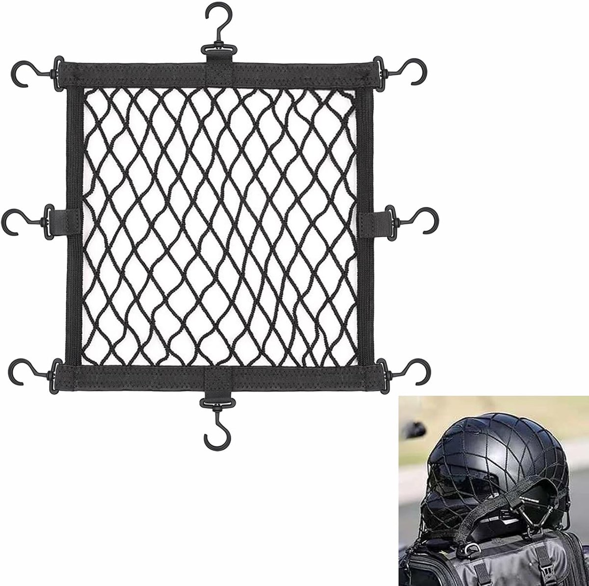 Motorhelmnet, Motorfiets Bagagenet, Elastisch Opbergnet, Ladingbeveiliging, Met 8 Haken, Zwart, 26 x 26cm - ShopVlot