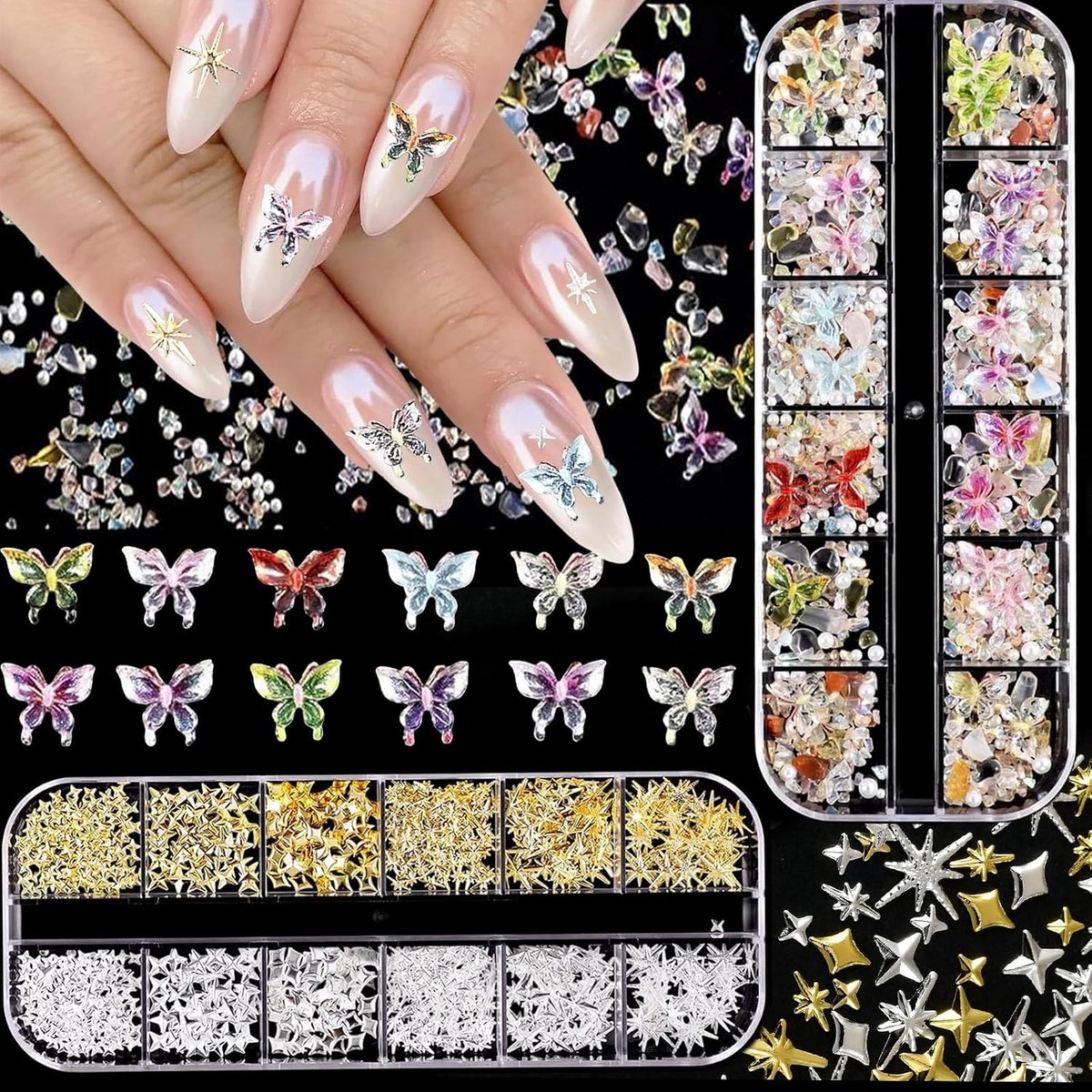 2 Boxes Nail Art Decoration, 12 Grids, Colourful Butterfly Nail Art Charms, Gold and Silver, Star Nail Art Decoration - ShopVlot