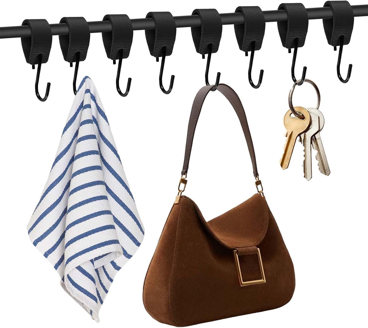 10 stuks S-haken met leren lus, haken voor kledingstang, garderobehaken, zwart, keukenhaken, multifunctionele haken om - ShopVlot