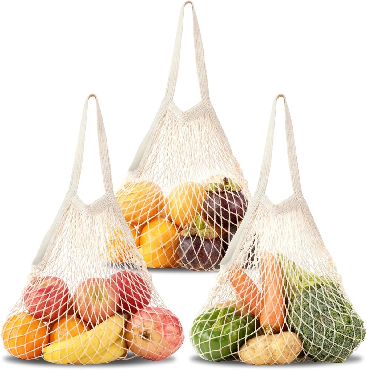 3 Pcs Cotton Shopping Net Bag, Beige Mesh Bag, Foldable Mesh Bag, Long Handle Shopping Net, Reusable Shopping Net - ShopVlot