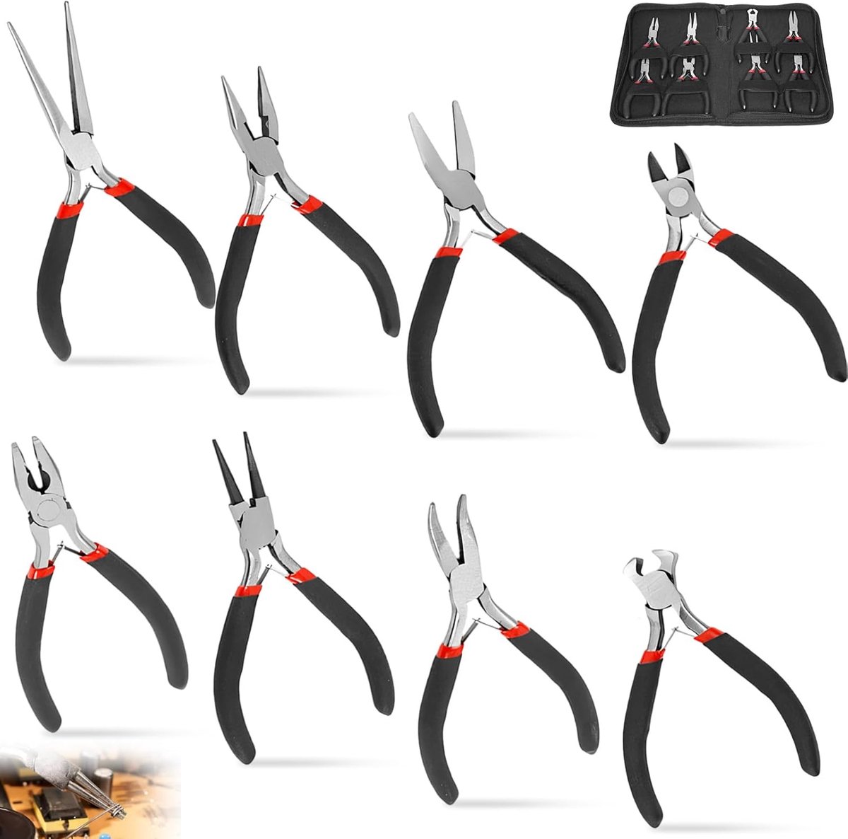 Sieradentang, 8-delige mini-tangset, kleine sieradentang, precisie-tang met etui voor handwerk, elektronica en - ShopVlot