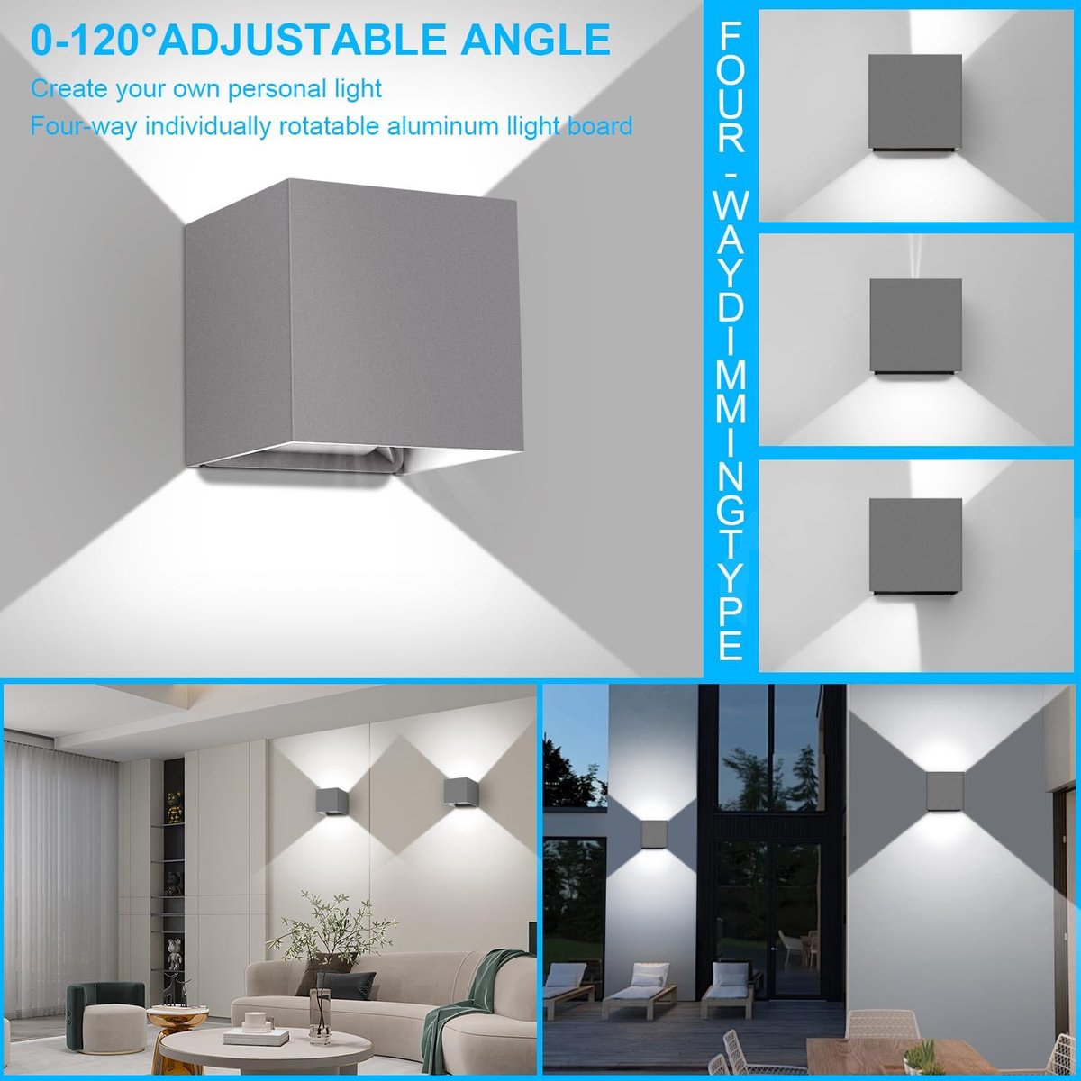 ledmo Outdoor Wall Lights 20W Adjustable LED Wall Lamp Cold White Light 6000k Grey Wall Lamp Waterproof IP65 - ShopVlot