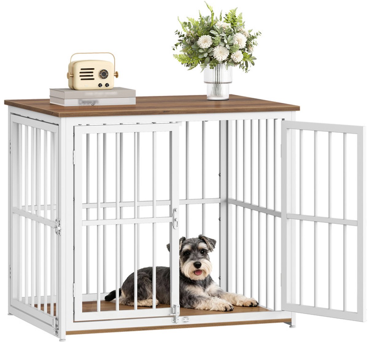 Hzuaneri Houten Hondenbench Meubel, 80 x 60 x 70 cm, Bruin en Wit, 3 Deuren en Verstelbare Zijdeur, Hondenbench Voor Binnen