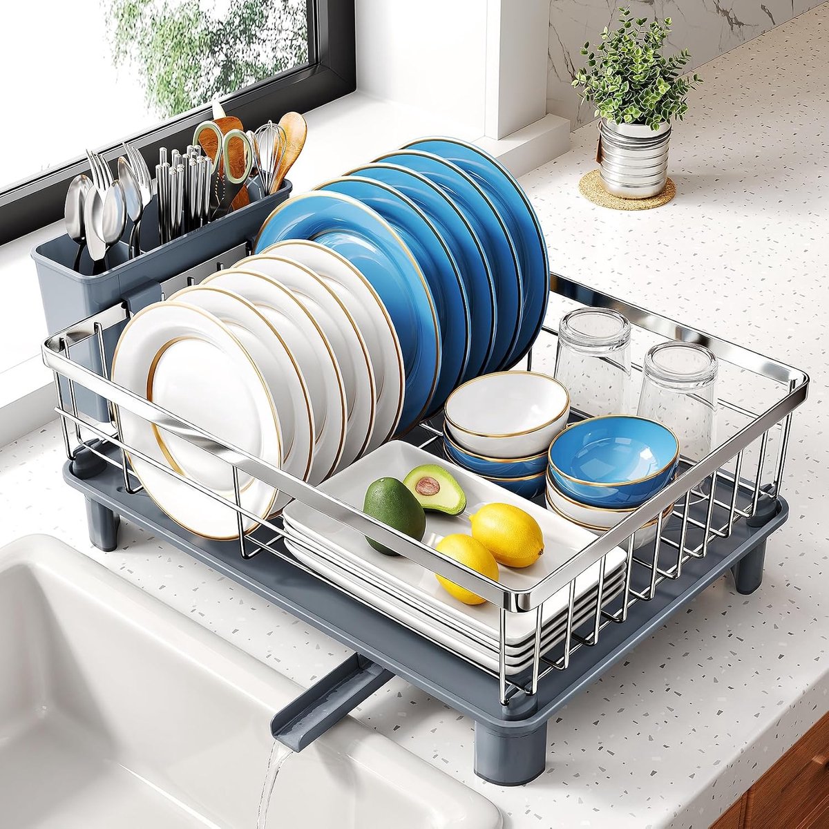 Dish Drainer Space-Saving Tabletop Dish Rack Stainless Steel Drainer with Kitchen Utensil Holder and Drainer (Silver) - ShopVlot