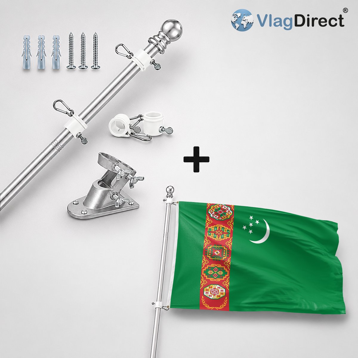 VlagDirect - Compleet vlaggenpakket - Zilveren vlaggenstok inclusief vlaggenstokhouder + Turkmeense vlag - Turkmenistan vlag - 90 x 150 cm