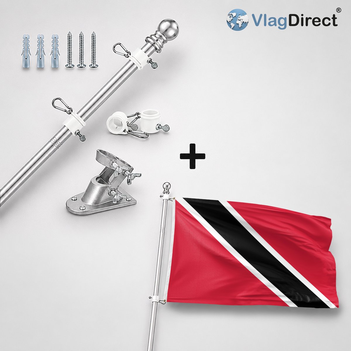VlagDirect - Compleet vlaggenpakket - Zilveren vlaggenstok inclusief vlaggenstokhouder + Trinidadiaanse vlag - Trinidad en Tobago vlag - 90 x 150 cm.