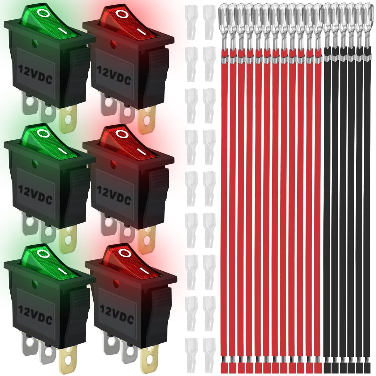 18 Pack Rocker Switch, 3 Pin, 2 Levels, On/Off, 20A, 12V DC, SPST, Red Green LED Light, Illuminated, Small Mini Boat - ShopVlot