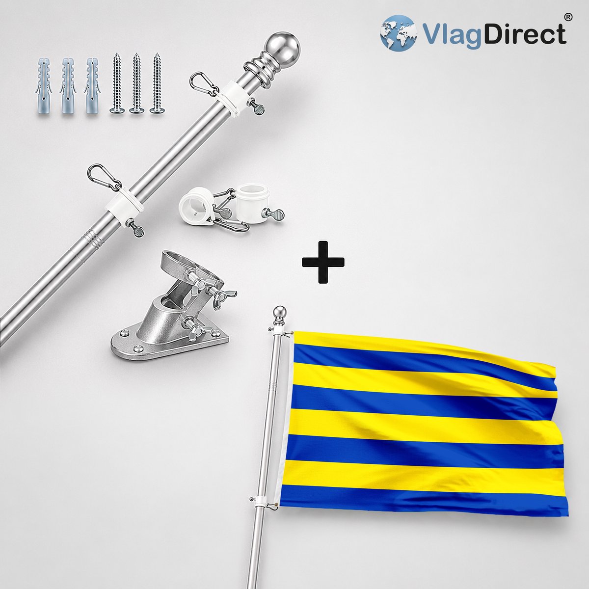 VlagDirect - Compleet vlaggenpakket - Zilveren vlaggenstok inclusief vlaggenstokhouder + Diksmuidse vlag - Gemeente Diksmuide vlag - 90 x 150 cm.