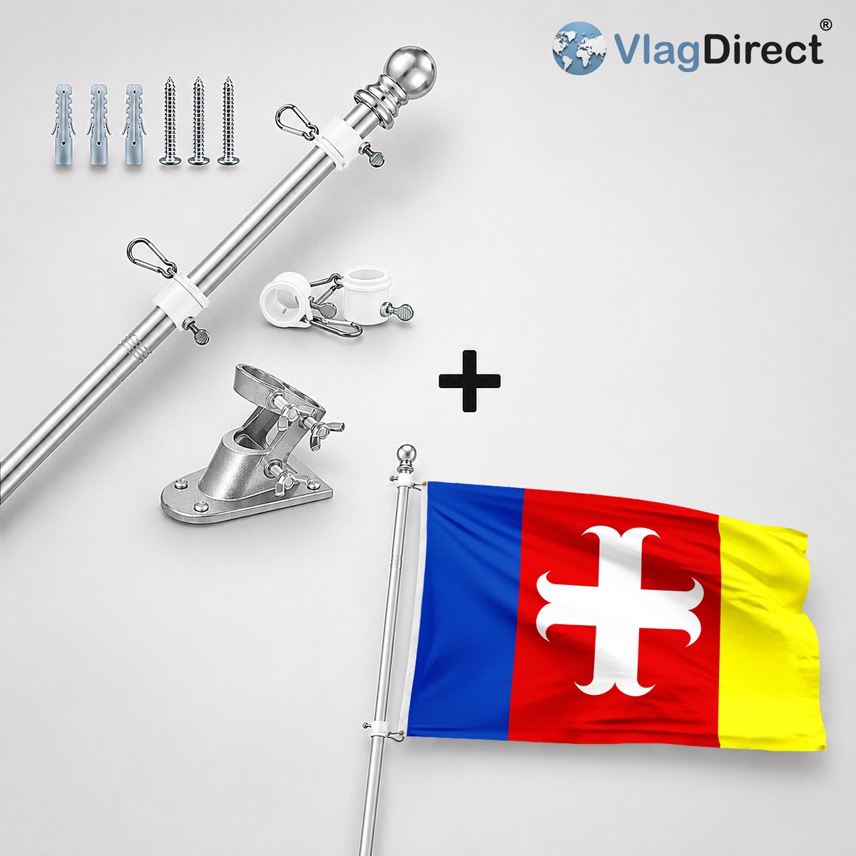VlagDirect - Compleet vlaggenpakket - Zilveren vlaggenstok inclusief vlaggenstokhouder + Avelgemse vlag - Gemeente Avelgem vlag - 90 x 150 cm.