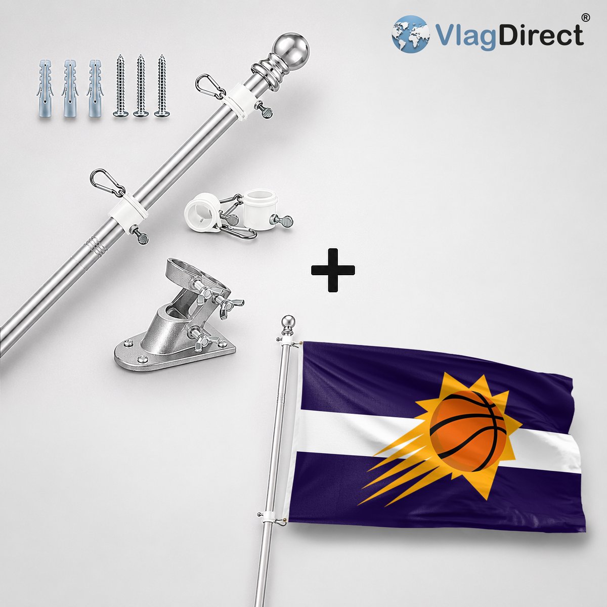 VlagDirect - Compleet vlaggenpakket - Zilveren vlaggenstok inclusief vlaggenstokhouder + Phoenix Suns vlag - Phoenix Suns basketbalteam vlag - 90 x 150 cm.