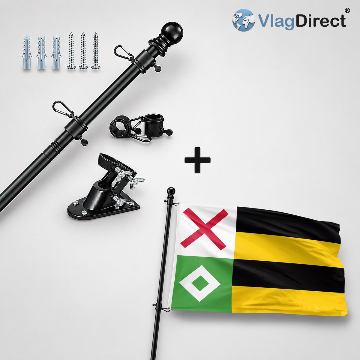 VlagDirect - Compleet vlaggenpakket - Zwarte vlaggenstok inclusief vlaggenstokhouder + Moerdijk vlag - Gemeente Moerdijk vlag - 90 x 150 cm.