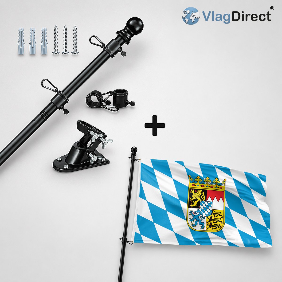 VlagDirect - Compleet vlaggenpakket - Zwarte vlaggenstok inclusief vlaggenstokhouder + Beierse vlag - Bavaria vlag - 90 x 150 cm.