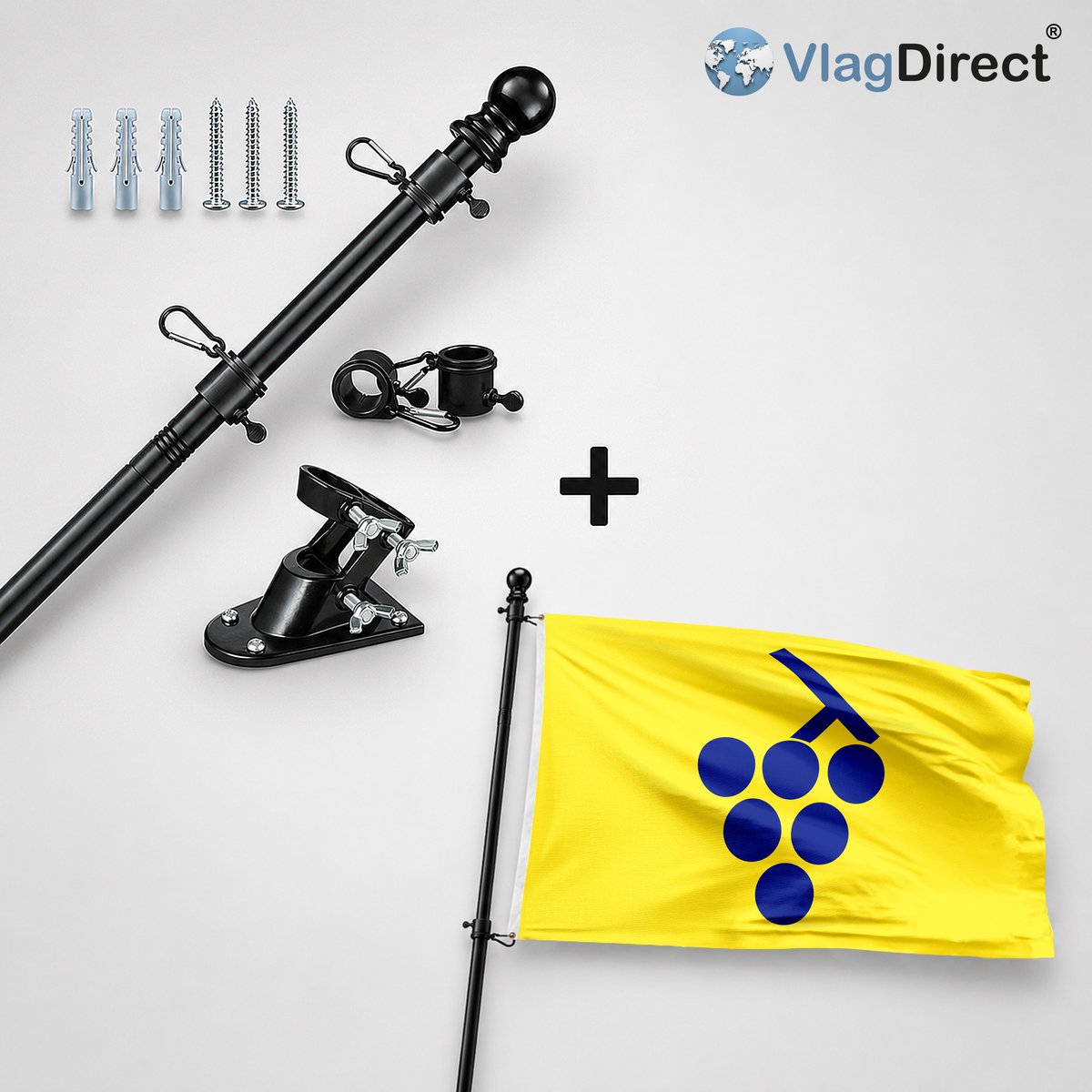 VlagDirect - Compleet vlaggenpakket - Zwarte vlaggenstok inclusief vlaggenstokhouder + Gemeente Overijse vlag - 90 x 150 cm.