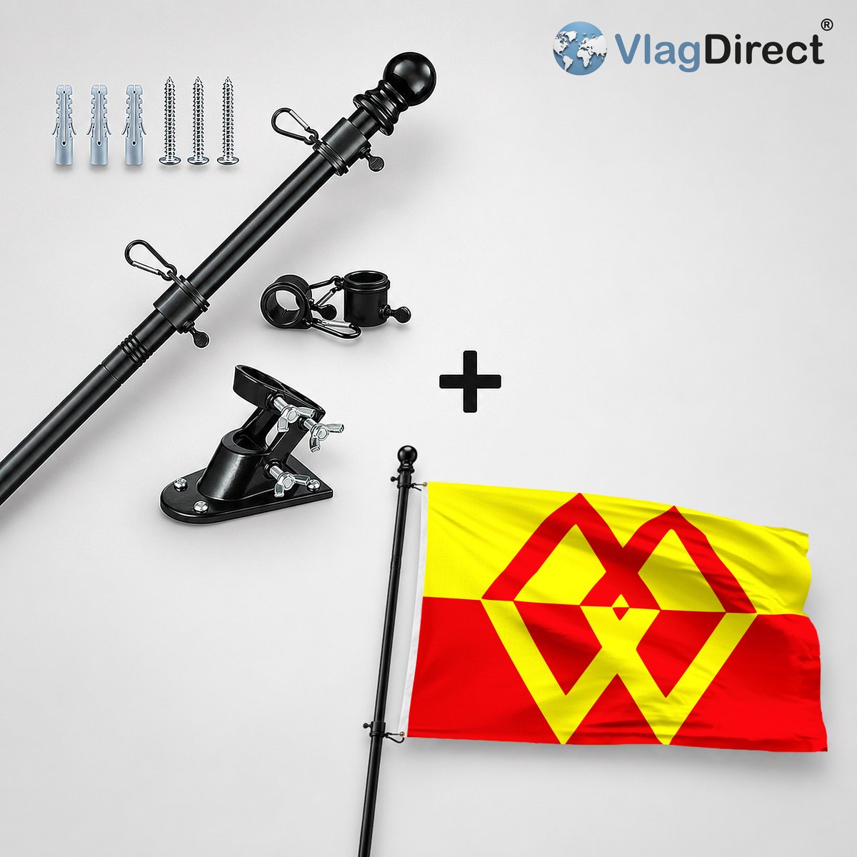 VlagDirect - Compleet vlaggenpakket - Zwarte vlaggenstok inclusief vlaggenstokhouder + Gemeente Morlanwelz vlag - 90 x 150 cm.