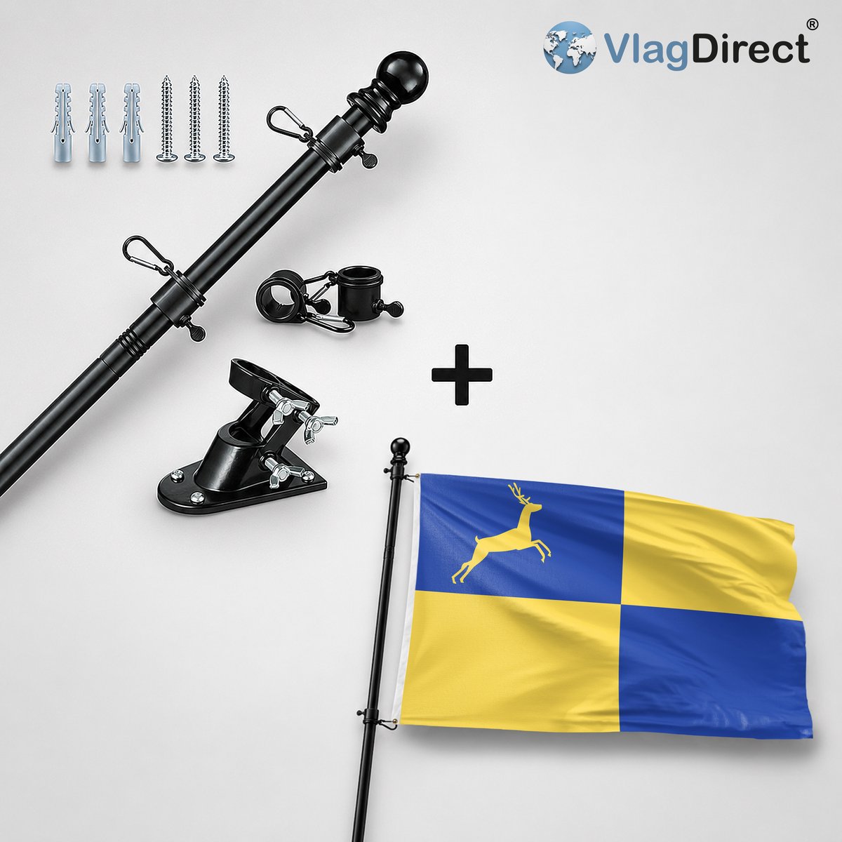 VlagDirect - Compleet vlaggenpakket - Zwarte vlaggenstok inclusief vlaggenstokhouder + Gemeente Putte vlag - 90 x 150 cm.