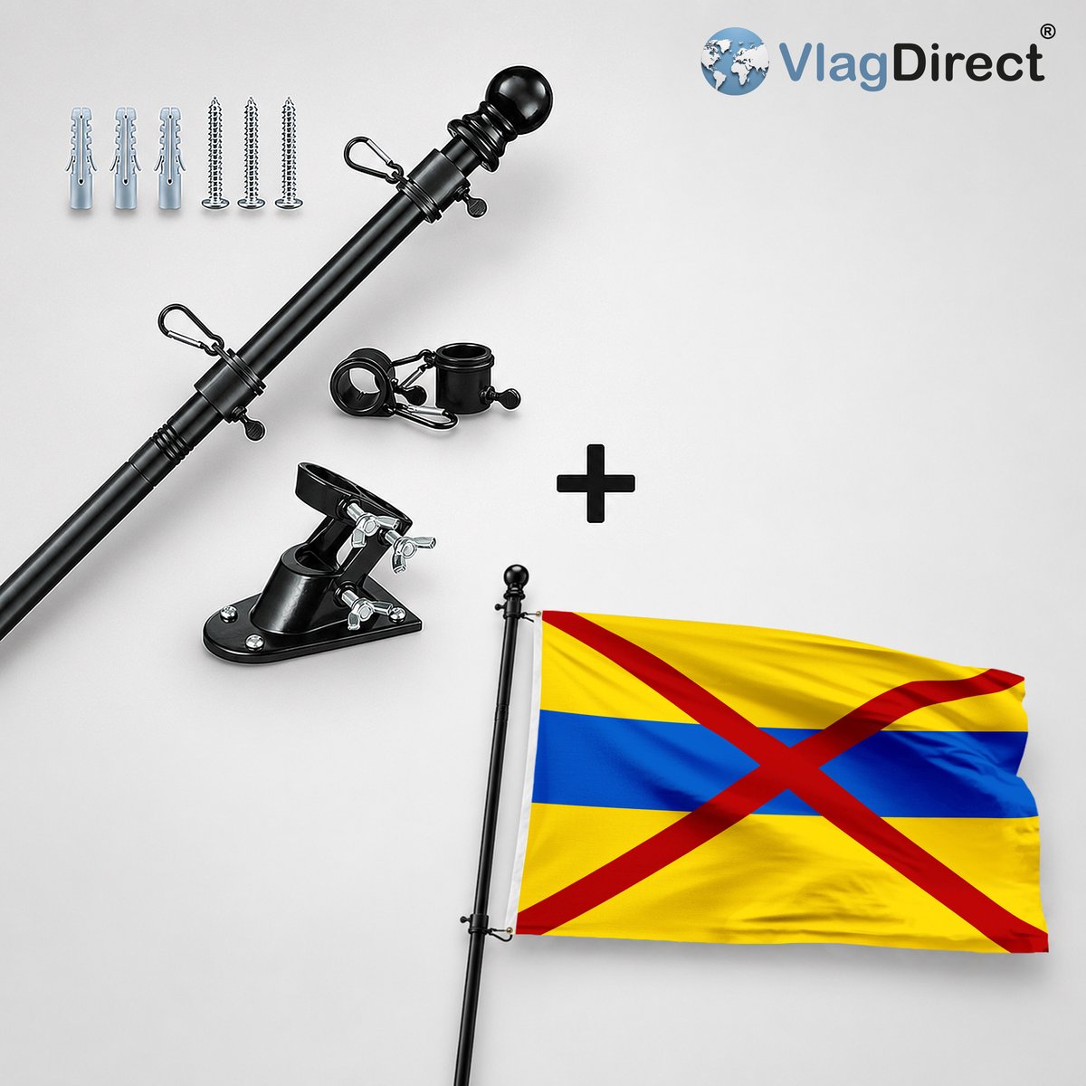 VlagDirect - Compleet vlaggenpakket - Zwarte vlaggenstok inclusief vlaggenstokhouder + Grimbergse vlag - Gemeente Grimbergen vlag - 90 x 150 cm.