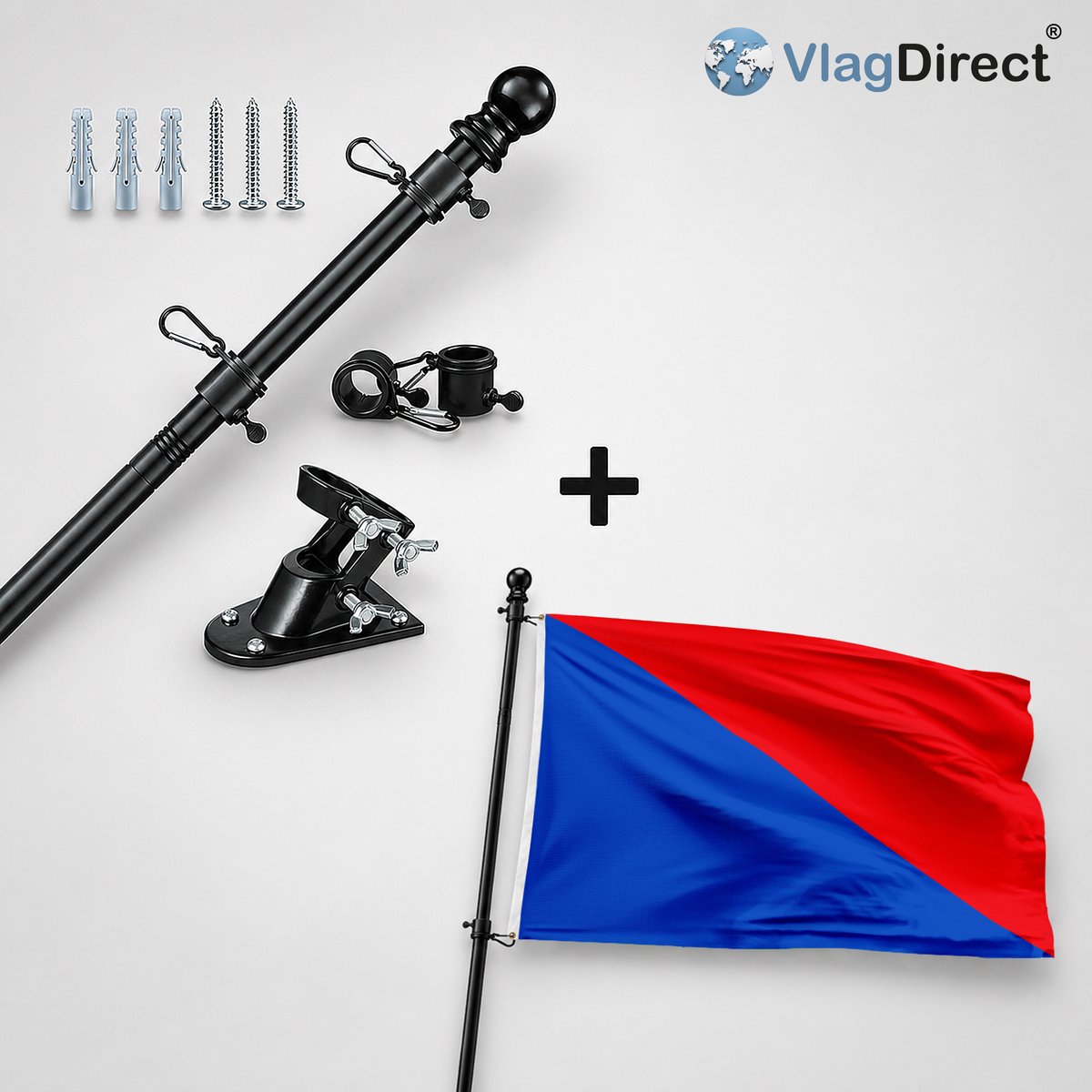 VlagDirect - Compleet vlaggenpakket - Zwarte vlaggenstok inclusief vlaggenstokhouder + Gemeente Farciennes vlag - 90 x 150 cm.