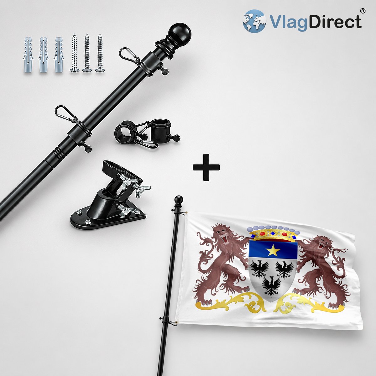 VlagDirect - Compleet vlaggenpakket - Zwarte vlaggenstok inclusief vlaggenstokhouder + Gemeente Wasseiges vlag - 90 x 150 cm.