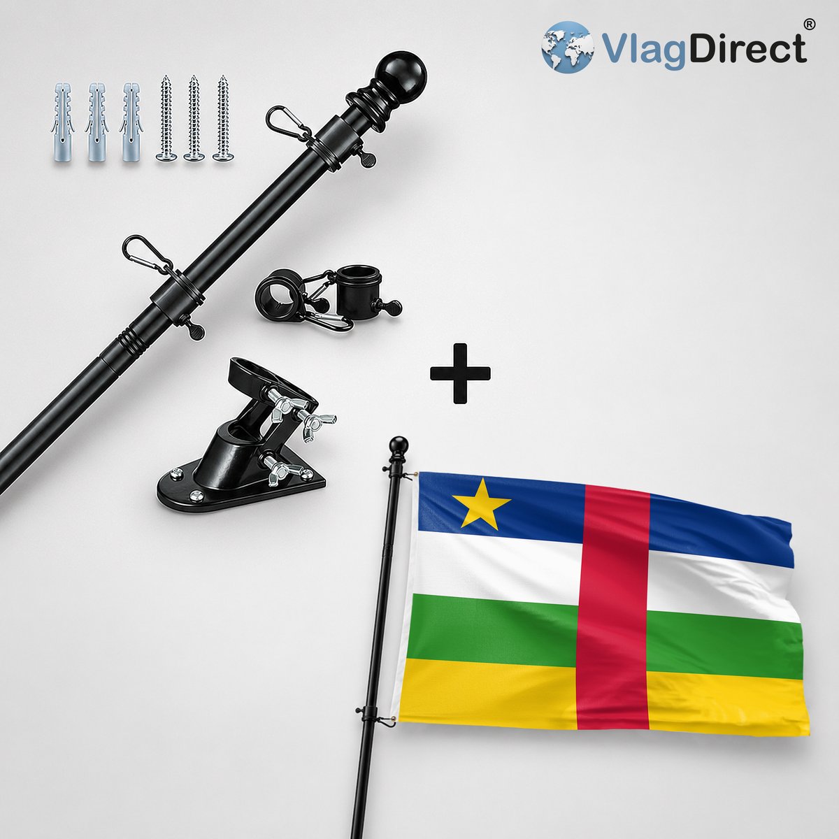 VlagDirect - Compleet vlaggenpakket - Zwarte vlaggenstok inclusief vlaggenstokhouder + Centraal Afrikaanse vlag - Centraal Afrika vlag - 90 x 150 cm.