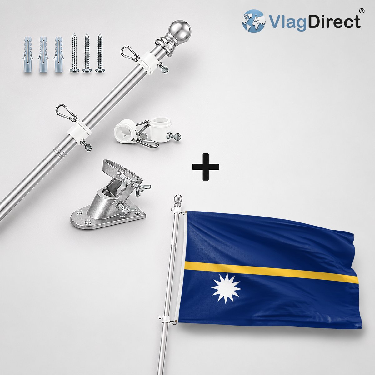 VlagDirect - Compleet vlaggenpakket - Zilveren vlaggenstok inclusief vlaggenstokhouder + Nauruaanse vlag - Nauru vlag - 90 x 150 cm