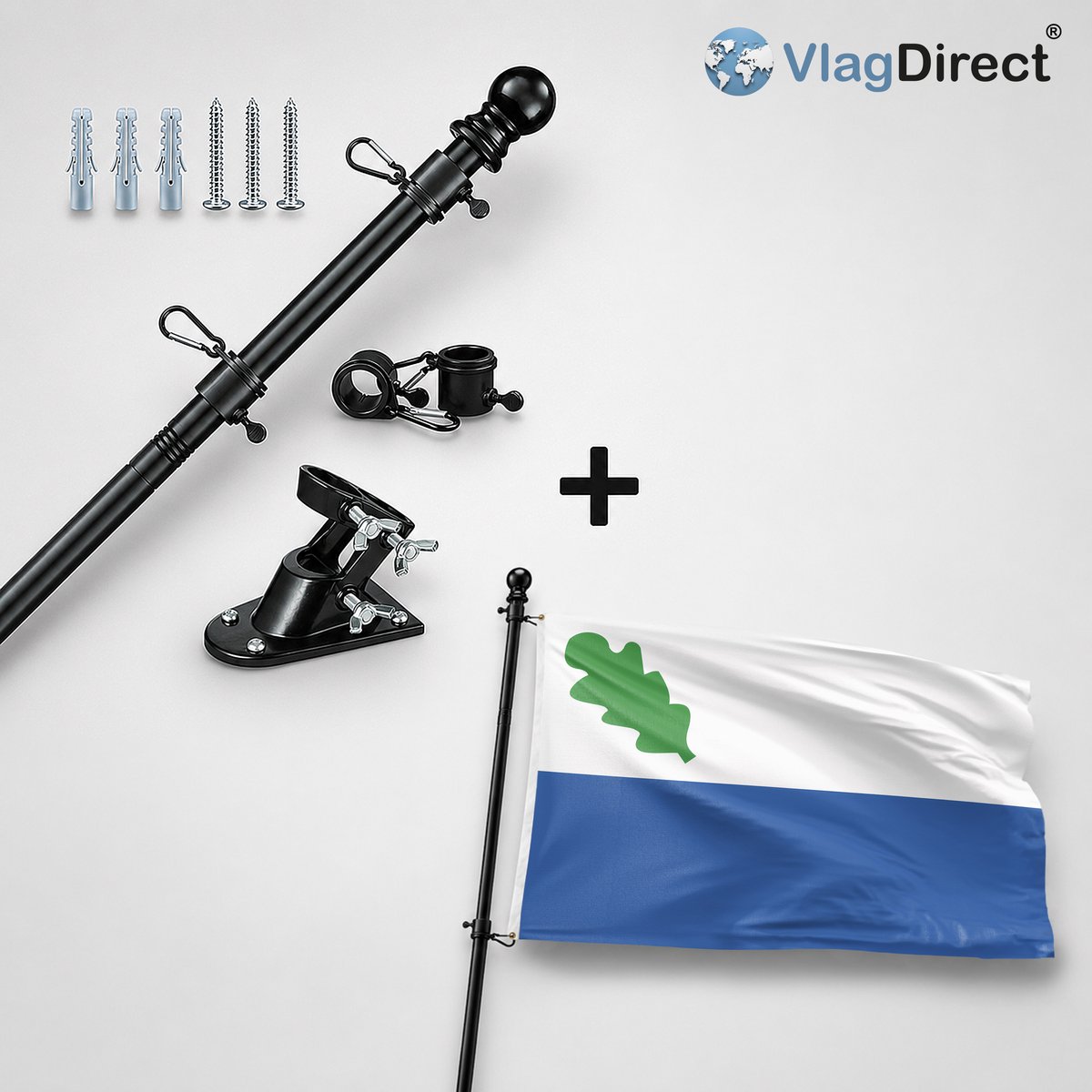 VlagDirect - Compleet vlaggenpakket - Zwarte vlaggenstok inclusief vlaggenstokhouder + Oirschot vlag - Gemeente Oirschot vlag - 90 x 150 cm.