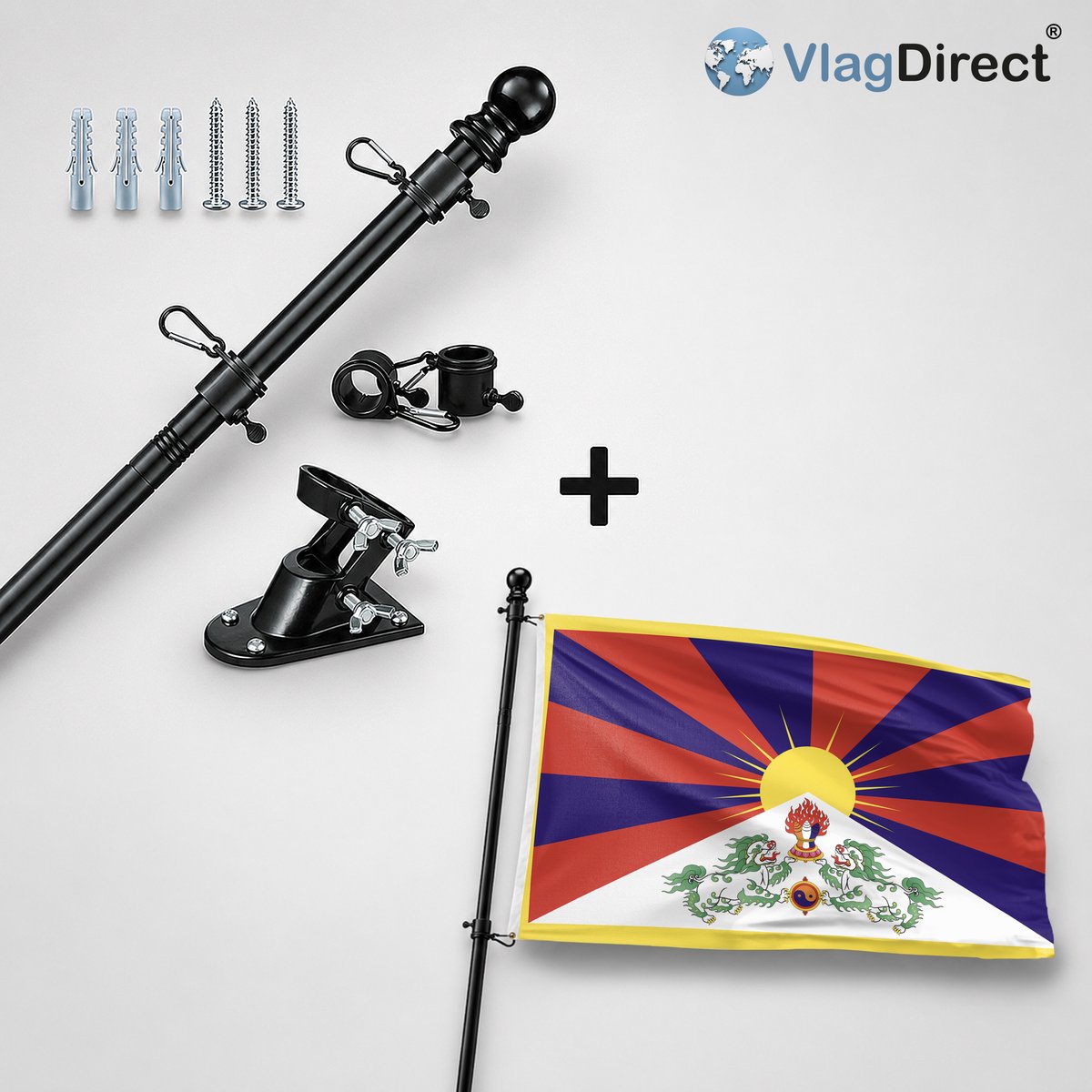 VlagDirect - Compleet vlaggenpakket - Zwarte vlaggenstok inclusief vlaggenstokhouder + Tibetaanse vlag - Tibet vlag - 90 x 150 cm.