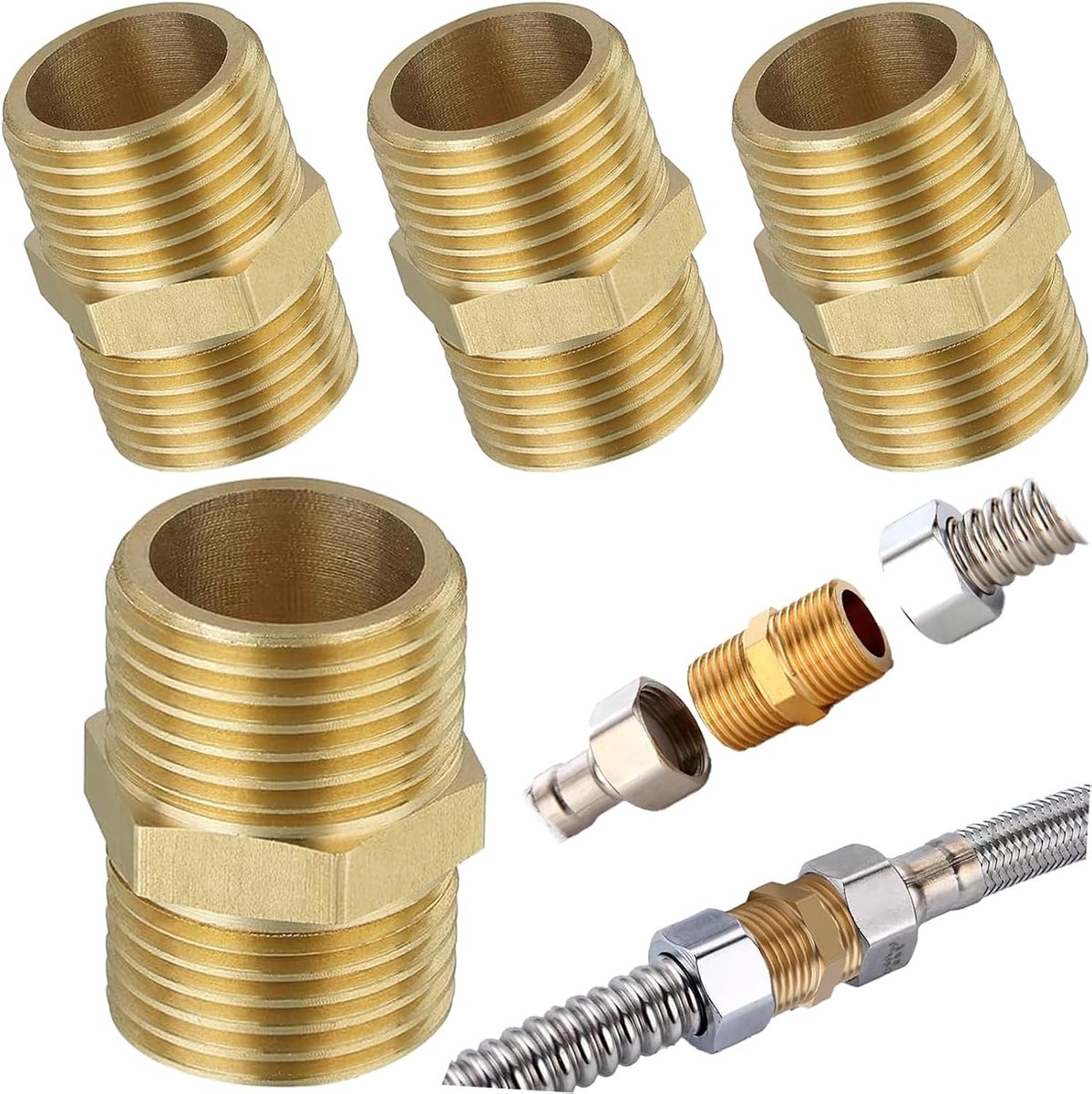 4 stuks dubbele nippels 3/4 inch messing buitendraad Ø 25 mm, dubbele nippel met zeskant, schroefdraadfitting, dubbele - ShopVlot