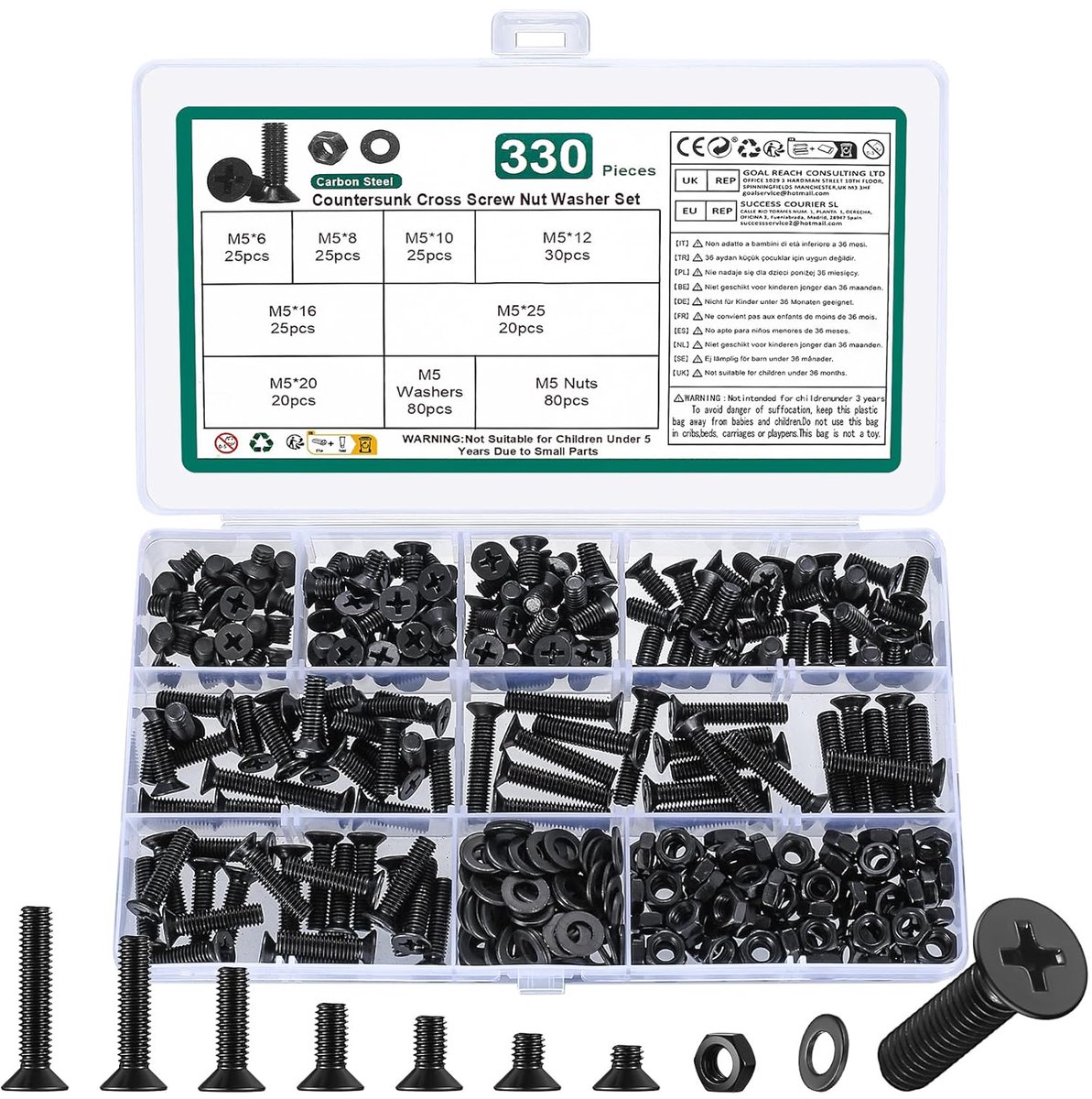 330pcs M5 Screw Set, Countersunk Head Screws Nut Set, Flat Head with Washer Set, Black Phillips Screws Threaded - ShopVlot