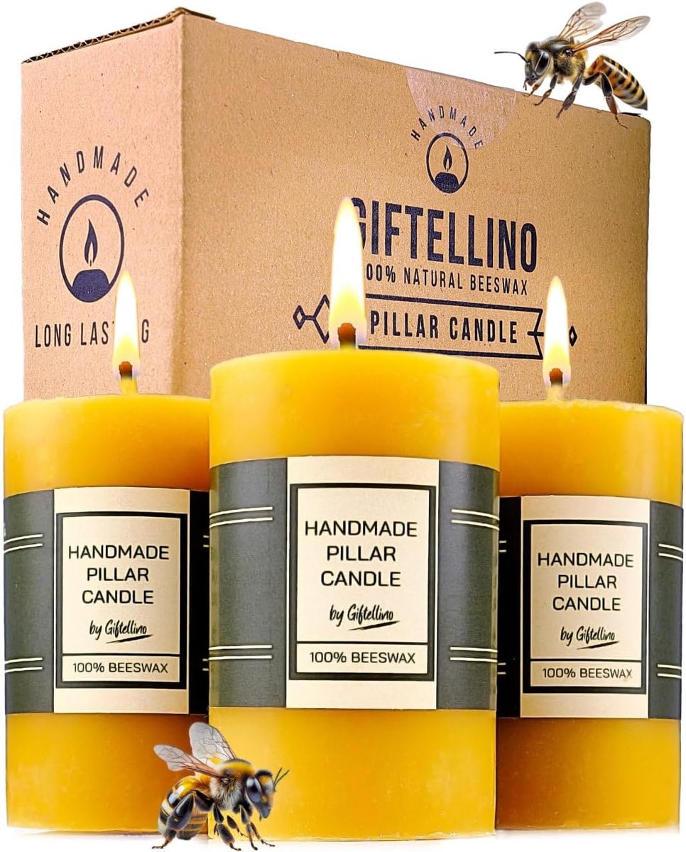 Set of 3 Natural Beeswax Column Candles, Handmade and Odour Free, Cotton Wick for Clean Burning, 21 Hours Burning Time - ShopVlot